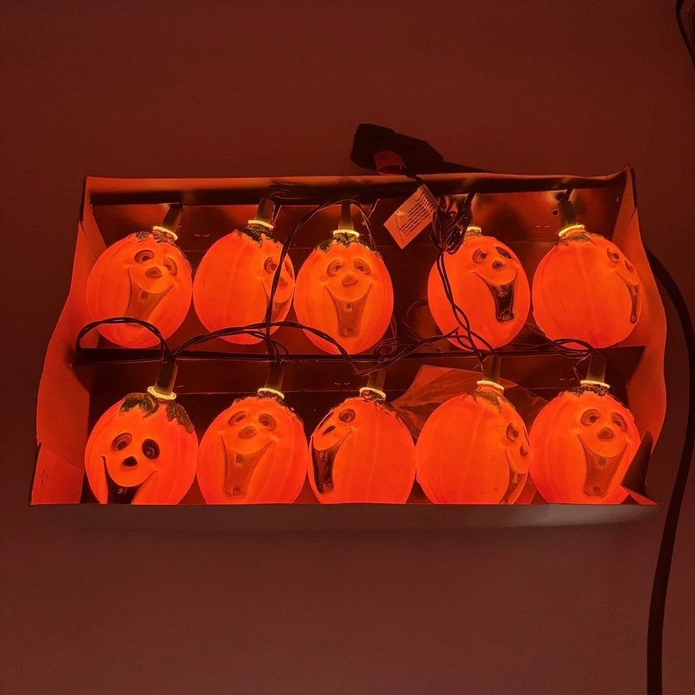 Vintage Jack o lantern Blow Mold String Lights 10‎ Orange Halloween Happy Face